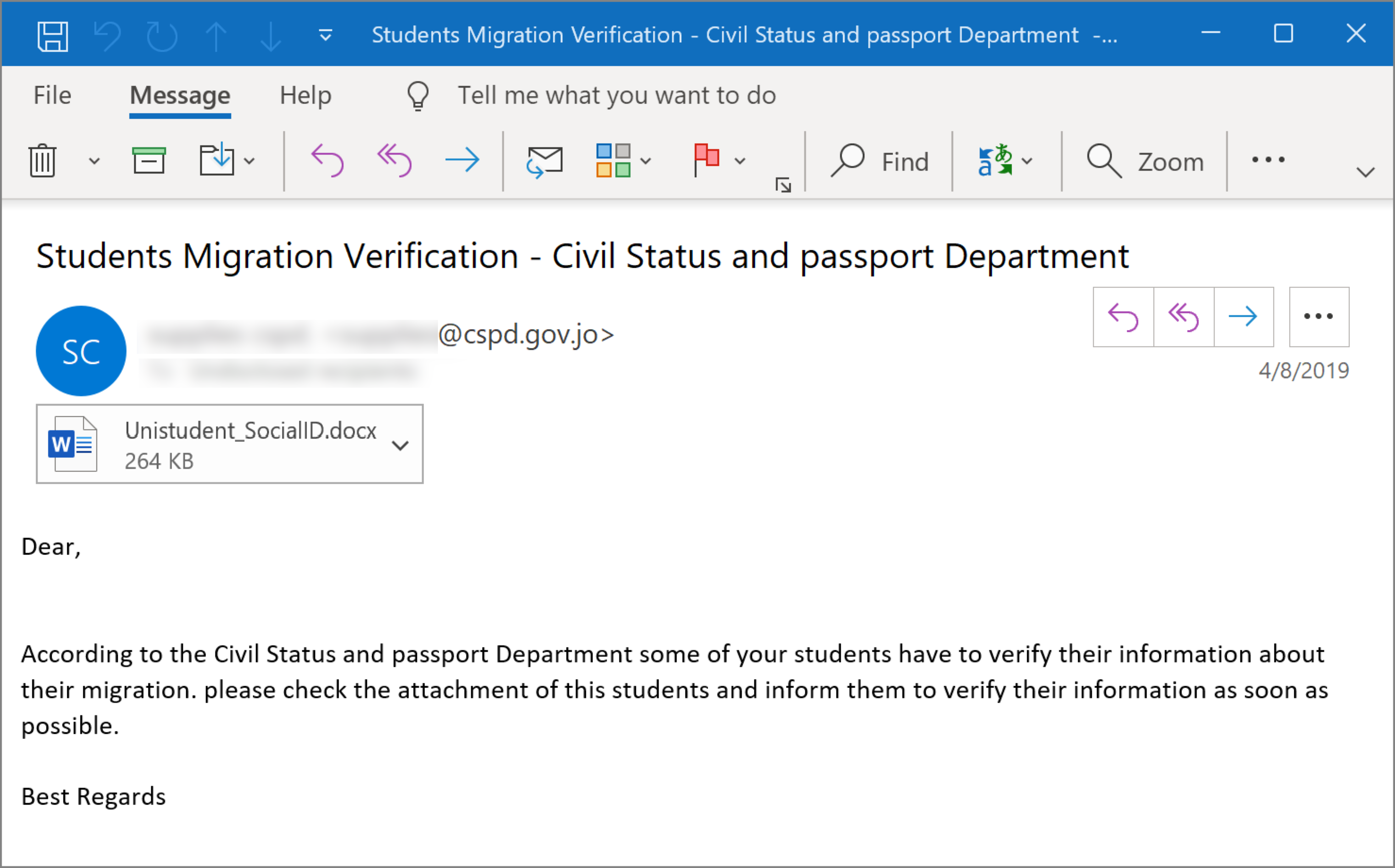 [그림 3-3] 요르단 소재 대학 겨냥 스피어피싱 사례