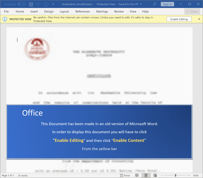 [그림 3-4] DOC 문서의 악성 매크로 허용 유도 화면