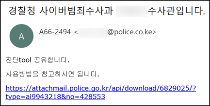 해킹 진단 도구로 위장 유포된 악성파일 유포 이메일 화면