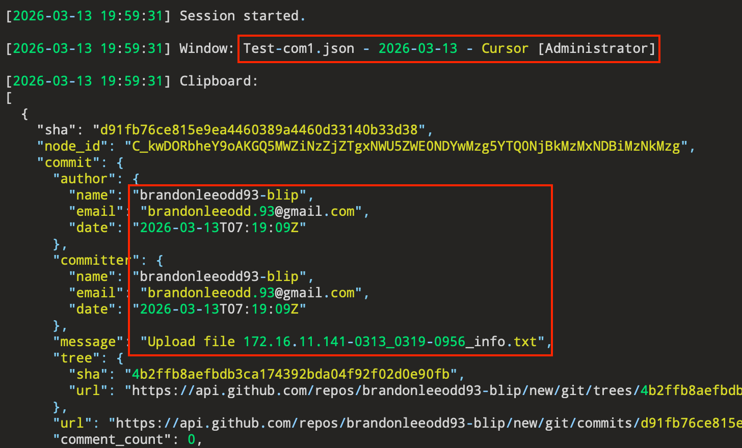 [그림 3-8] Cursor AI를 활용해 GitHub C2 Test 과정이 기록된 로그